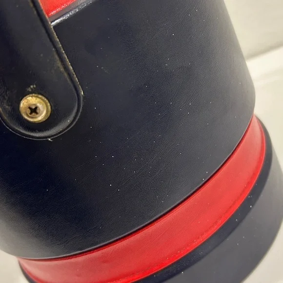 Vintage 70’s Georges Briard USA Navy / Red Leather Insulated Lidded Ice Bucket - Picture 13 of 14